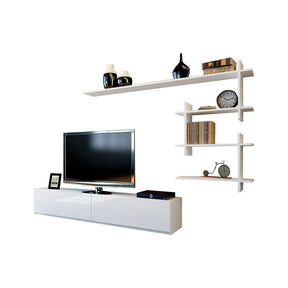 Mobilier living alb modern, cu suport pentru TV și rafturi decorative – primabucata