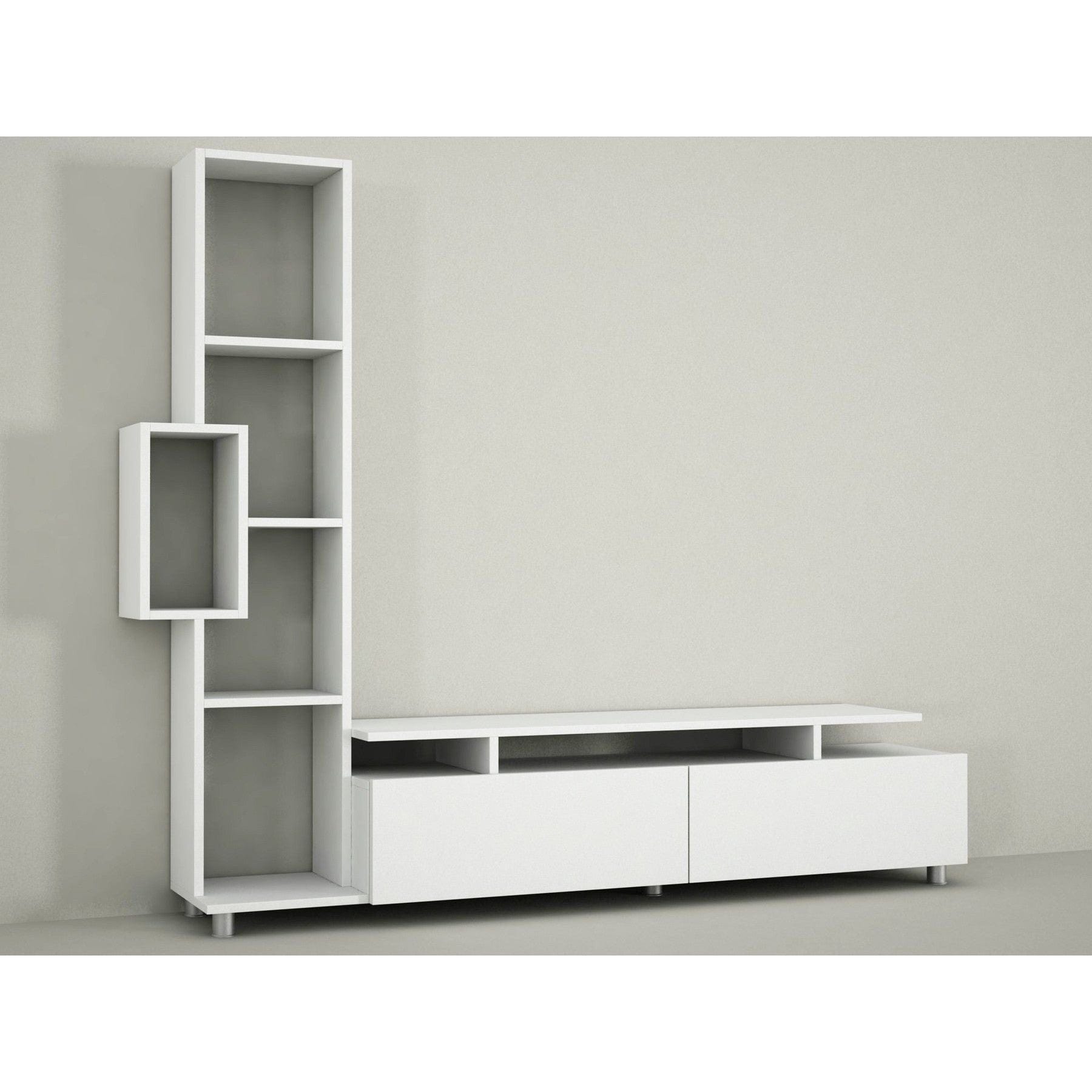 Mobilier living alb modern, cu rafturi și sertare, ideal pentru un living elegant – primabucata