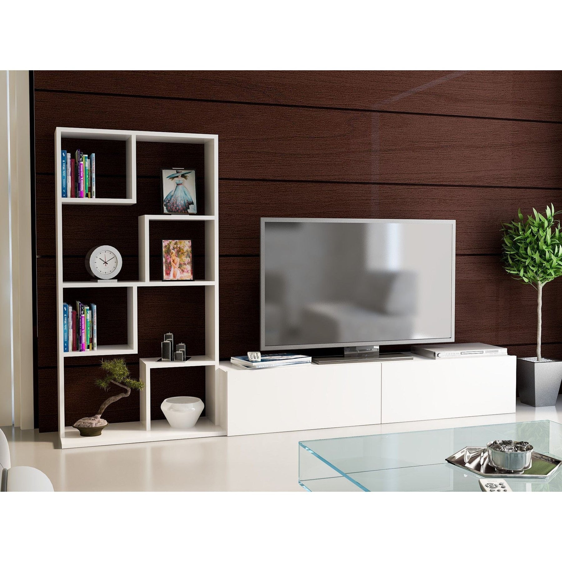 Mobilier living alb modern, cu rafturi și suport TV, într-un decor elegant – primabucata