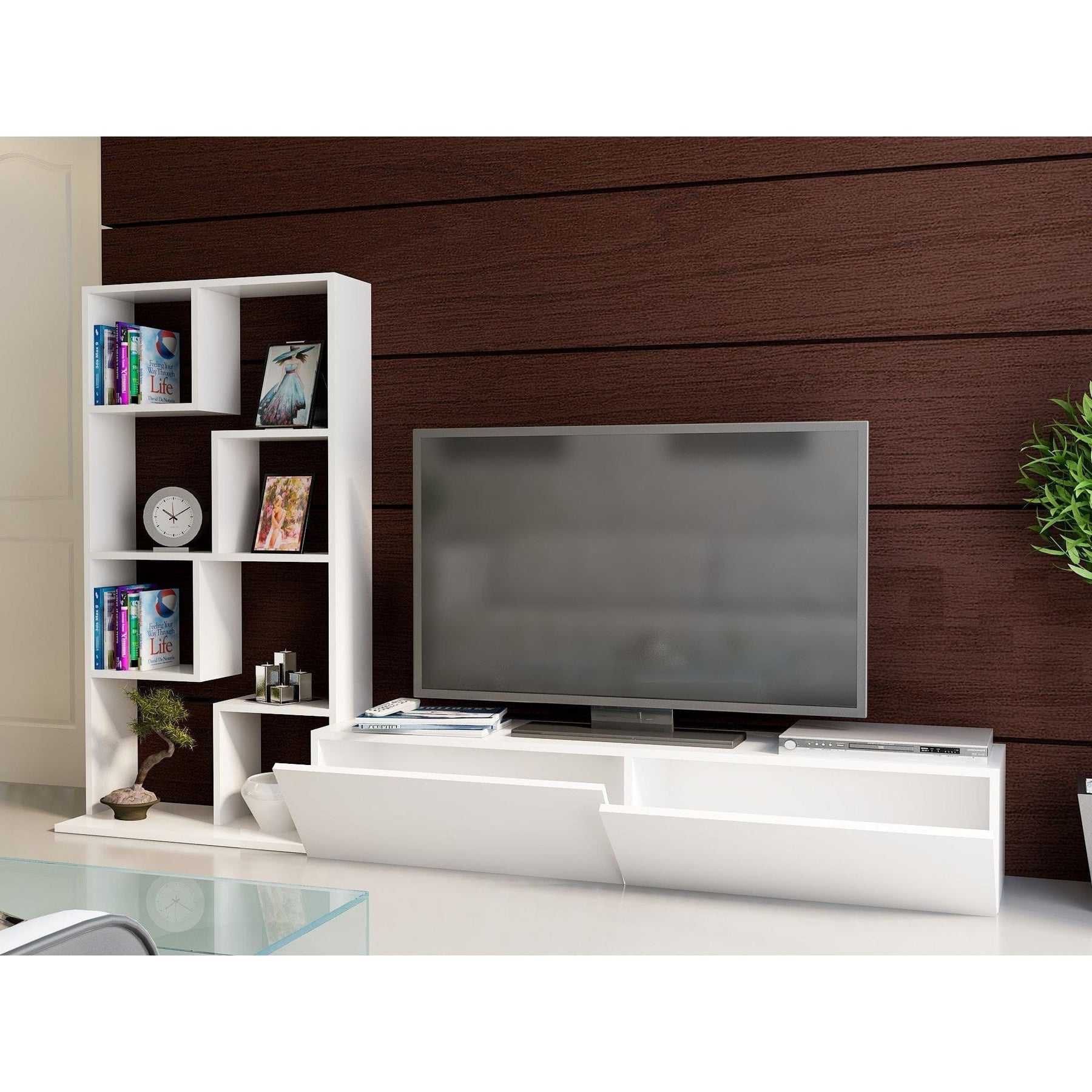 Mobilier living alb modern, cu rafturi și suport TV – primabucata