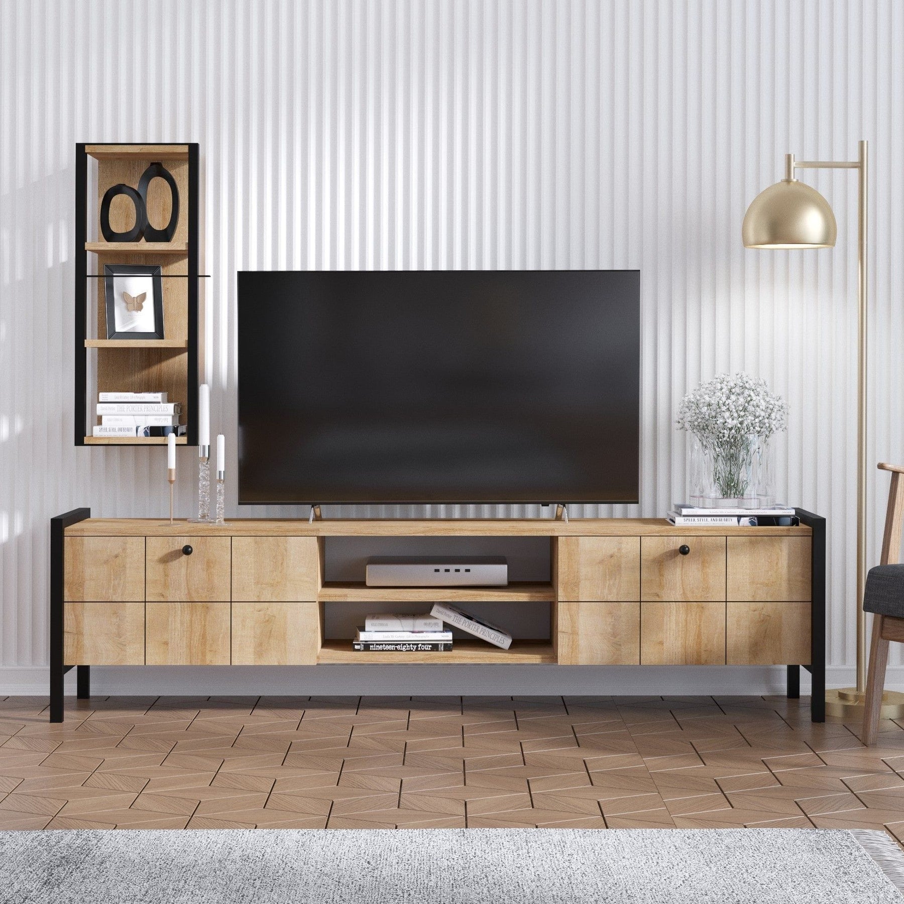 Mobilier living stejar și negru, cu suport TV și rafturi decorative – primabucata