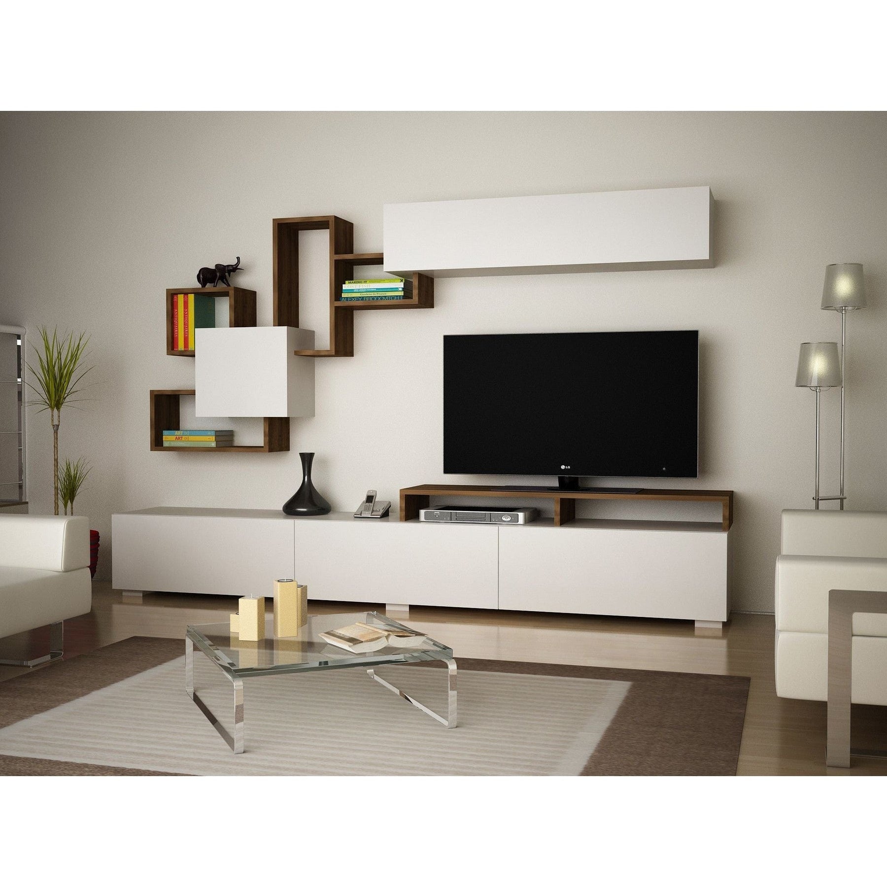 Mobilier living alb și nuc, cu suport TV și rafturi decorative – primabucata