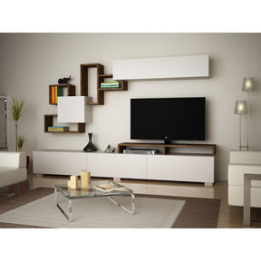 Mobilier living alb și nuc, cu suport TV și rafturi decorative – primabucata