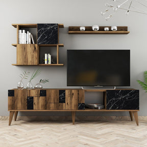 Mobilier living modern din nuc și negru, cu rafturi decorative – primabucata