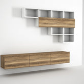 Mobilier living alb și stejar, cu rafturi moderne, ideal pentru un living elegant – primabucata