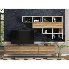 Mobilier living alb și stejar, modern, cu suport TV și rafturi decorative – primabucata
