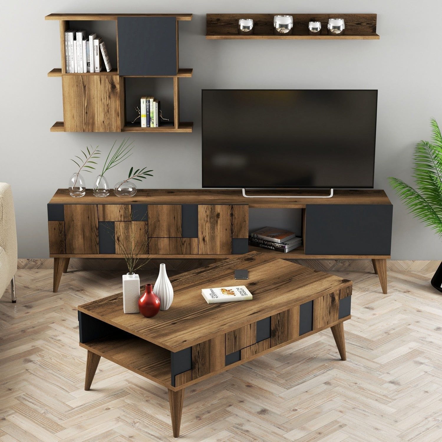 Mobilier living nuc/gri antracit, modern, cu TV și rafturi decorative – primabucata