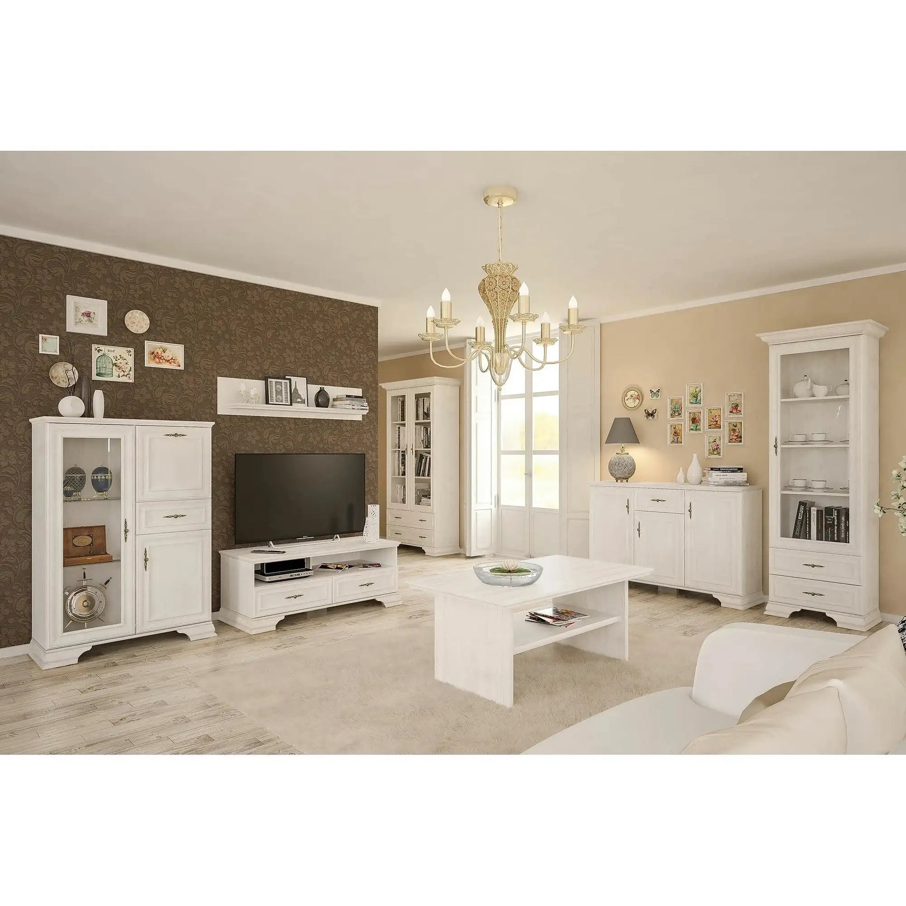 Mobilier living clasic IRYS, pin alb anderson, PAL laminat, 7 piese