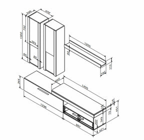 Mobilier living LICHI, gri beton, PAL, 230x43x215 cm