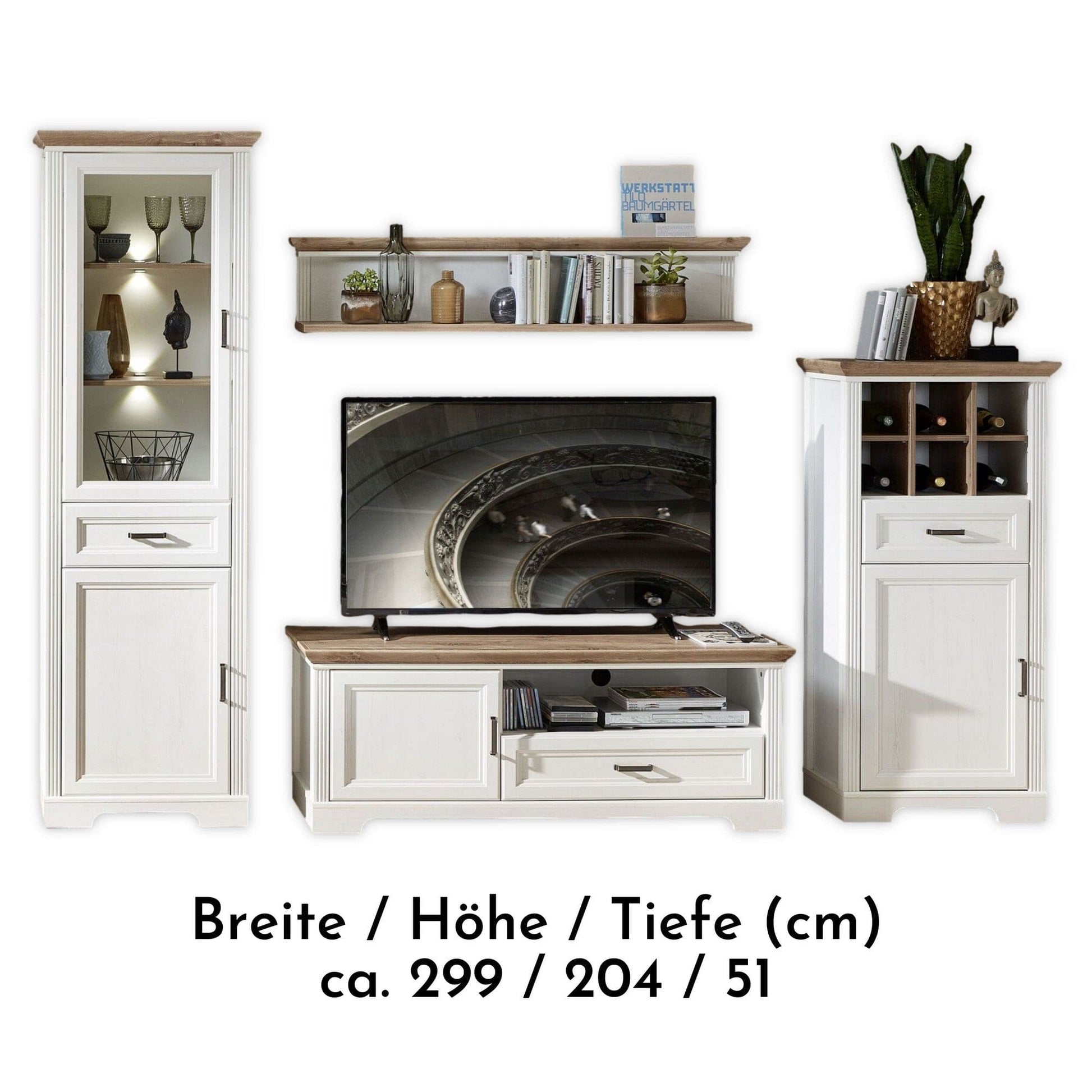 Mobilier living JASMIN 1, alb/stejar artisan, PAL melaminat, cu iluminare LED, 4 piese