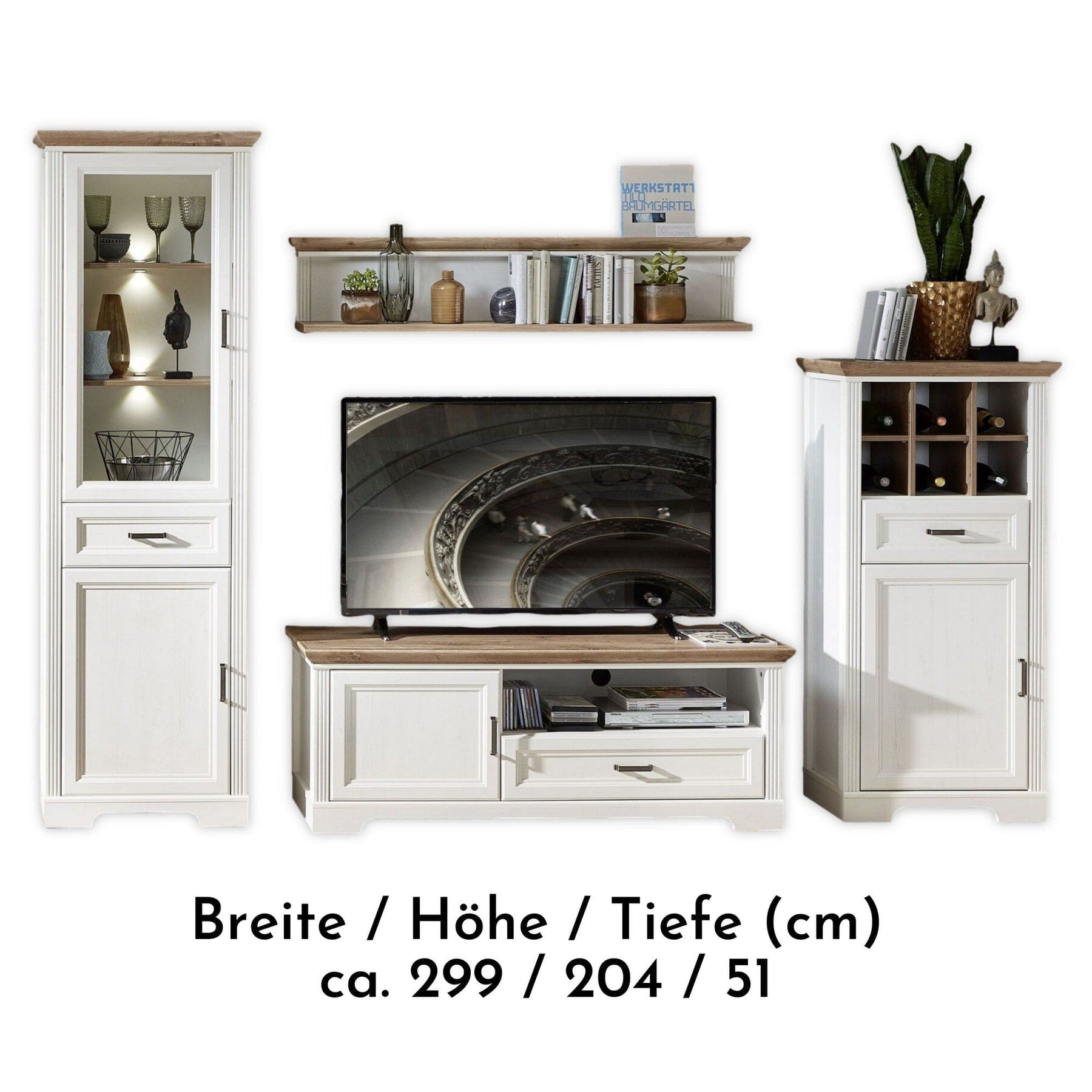 Mobilier living JASMIN 1, alb/stejar artisan, PAL melaminat, cu iluminare LED, 4 piese