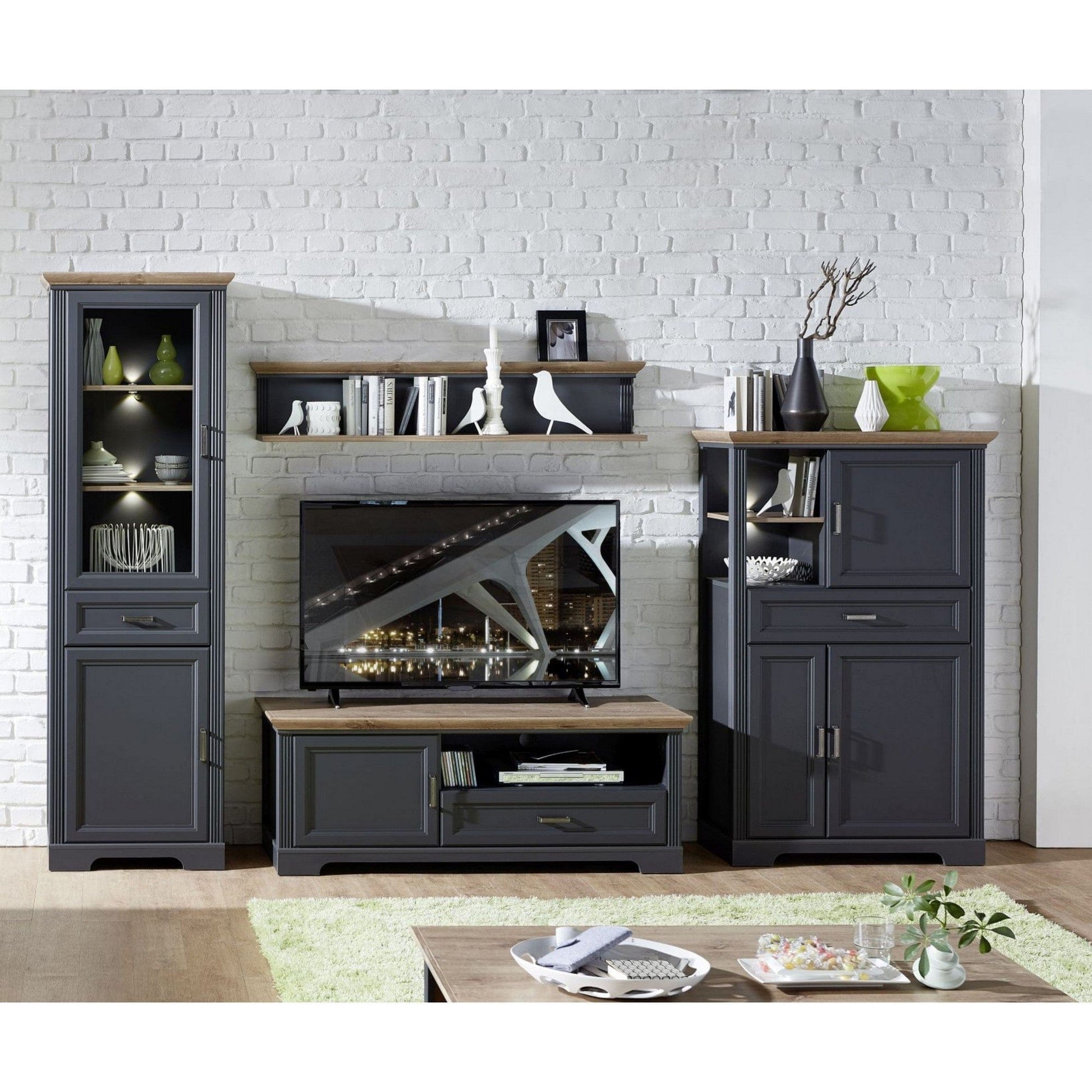 Mobilier living JASMIN, gri grafit/stejar artisan, PAL melaminat, cu iluminare LED, 4 piese