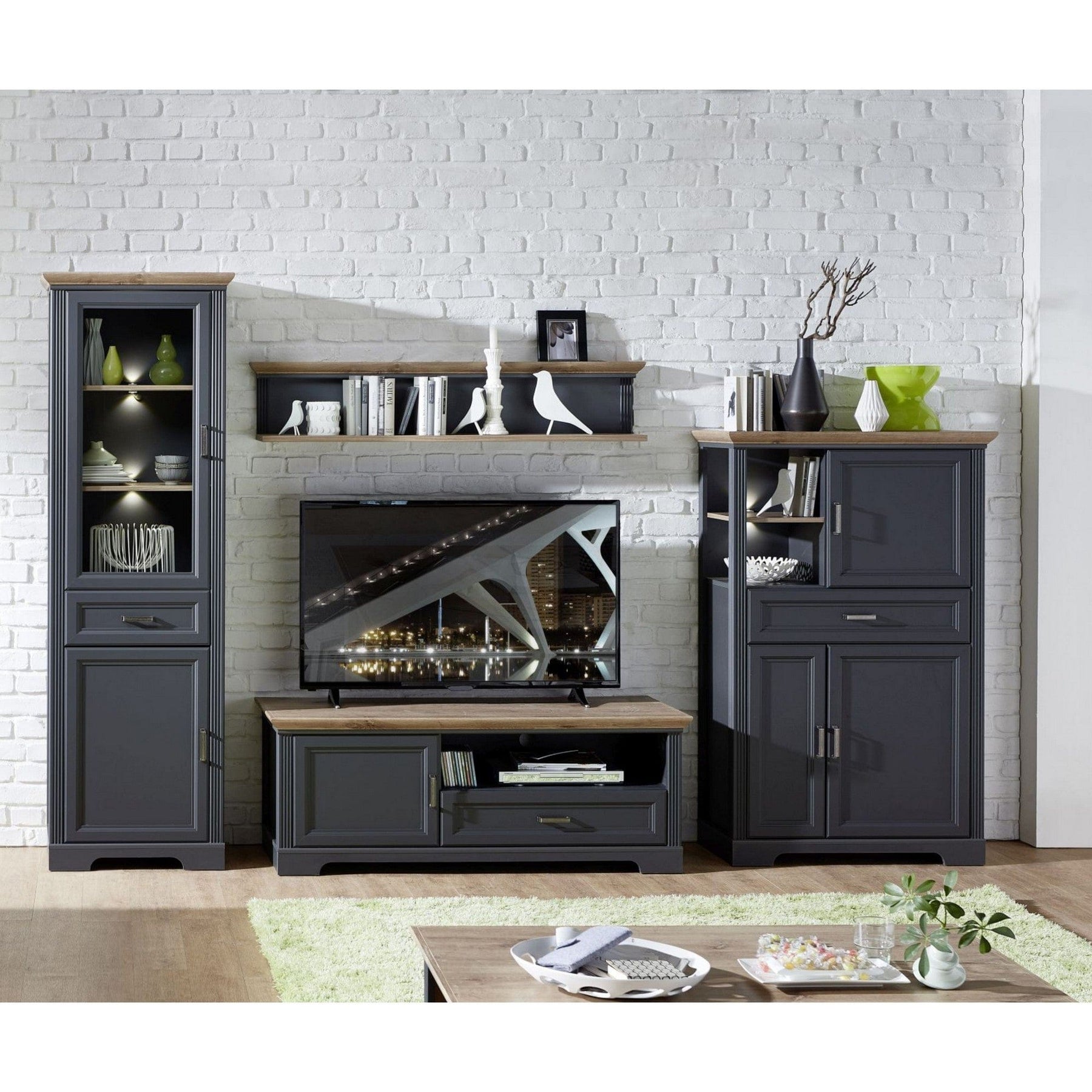 Mobilier living JASMIN, gri grafit/stejar artisan, PAL melaminat, cu iluminare LED, 4 piese