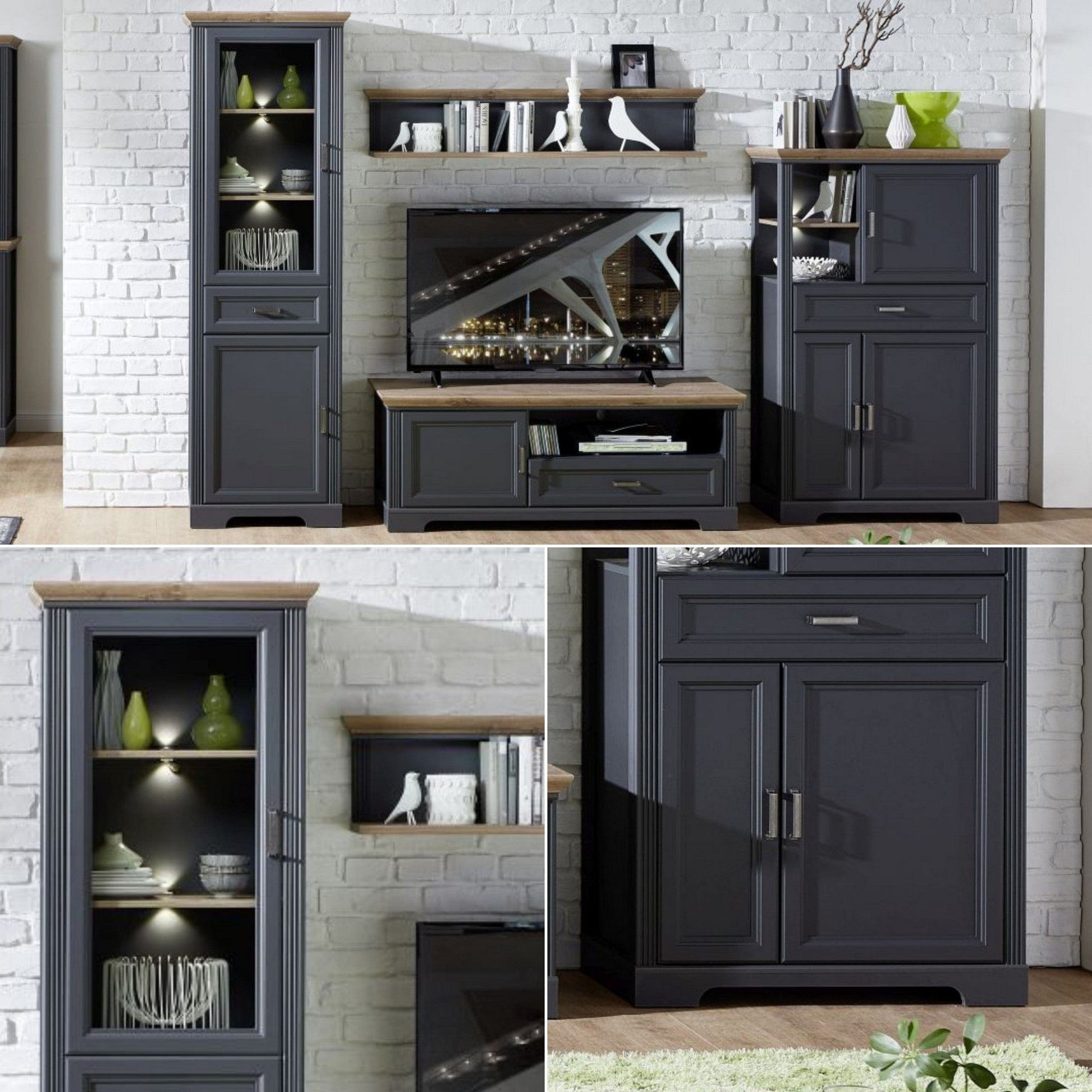 Mobilier living JASMIN, gri grafit/stejar artisan, PAL melaminat, cu iluminare LED, 4 piese