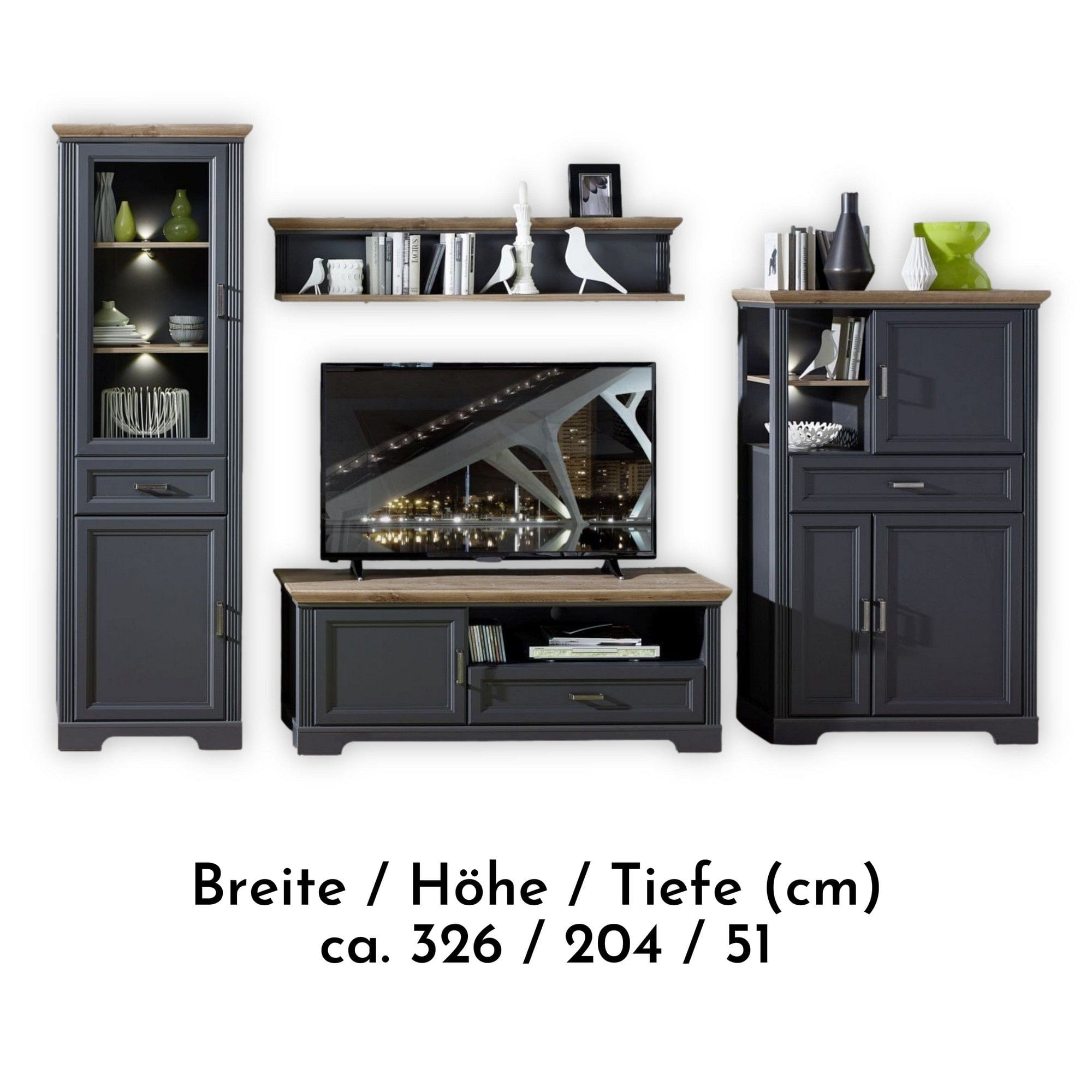 Mobilier living JASMIN, gri grafit/stejar artisan, PAL melaminat, cu iluminare LED, 4 piese