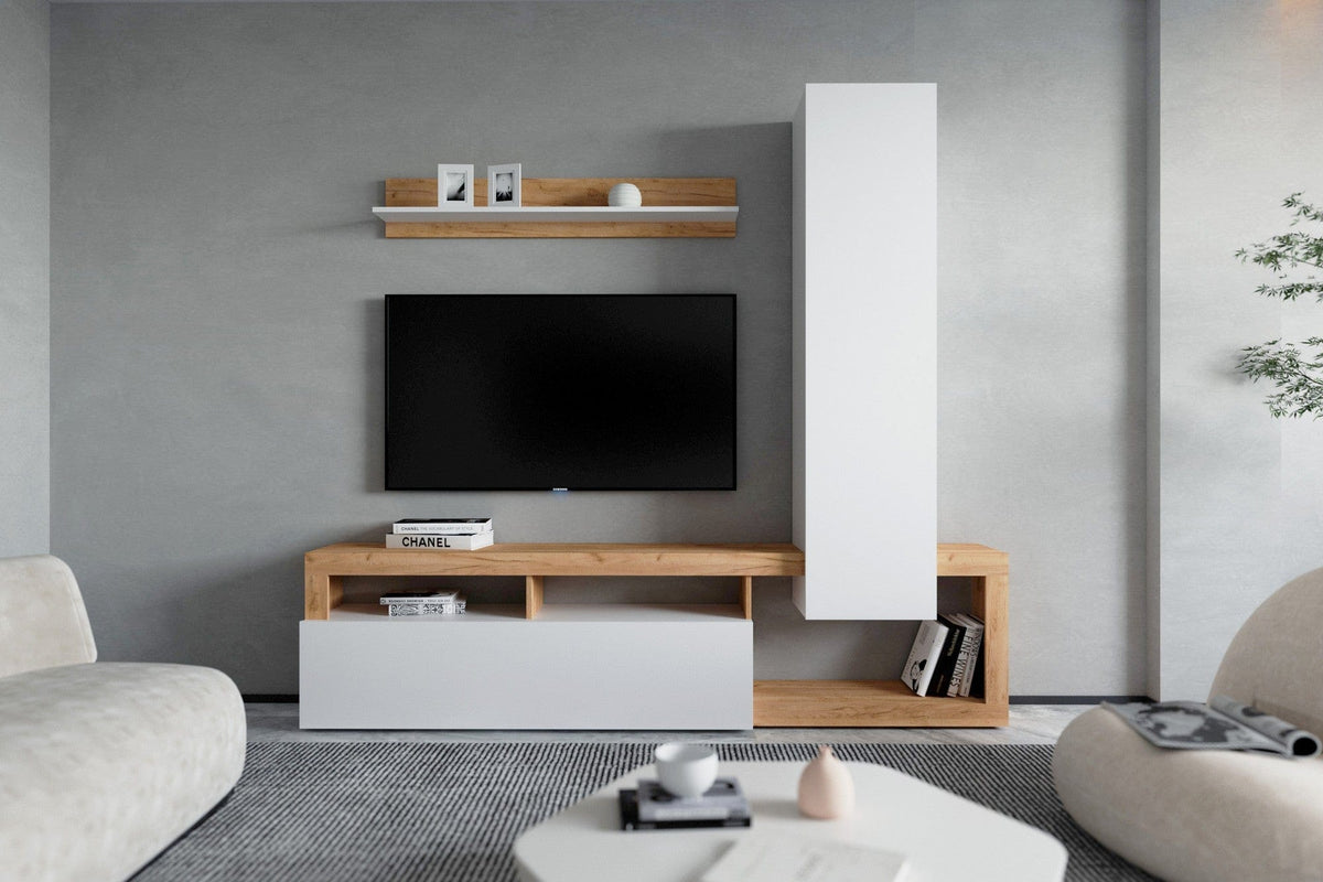 Mobilier living MIA, pin alb/stejar, PAL, 220x35x199 cm