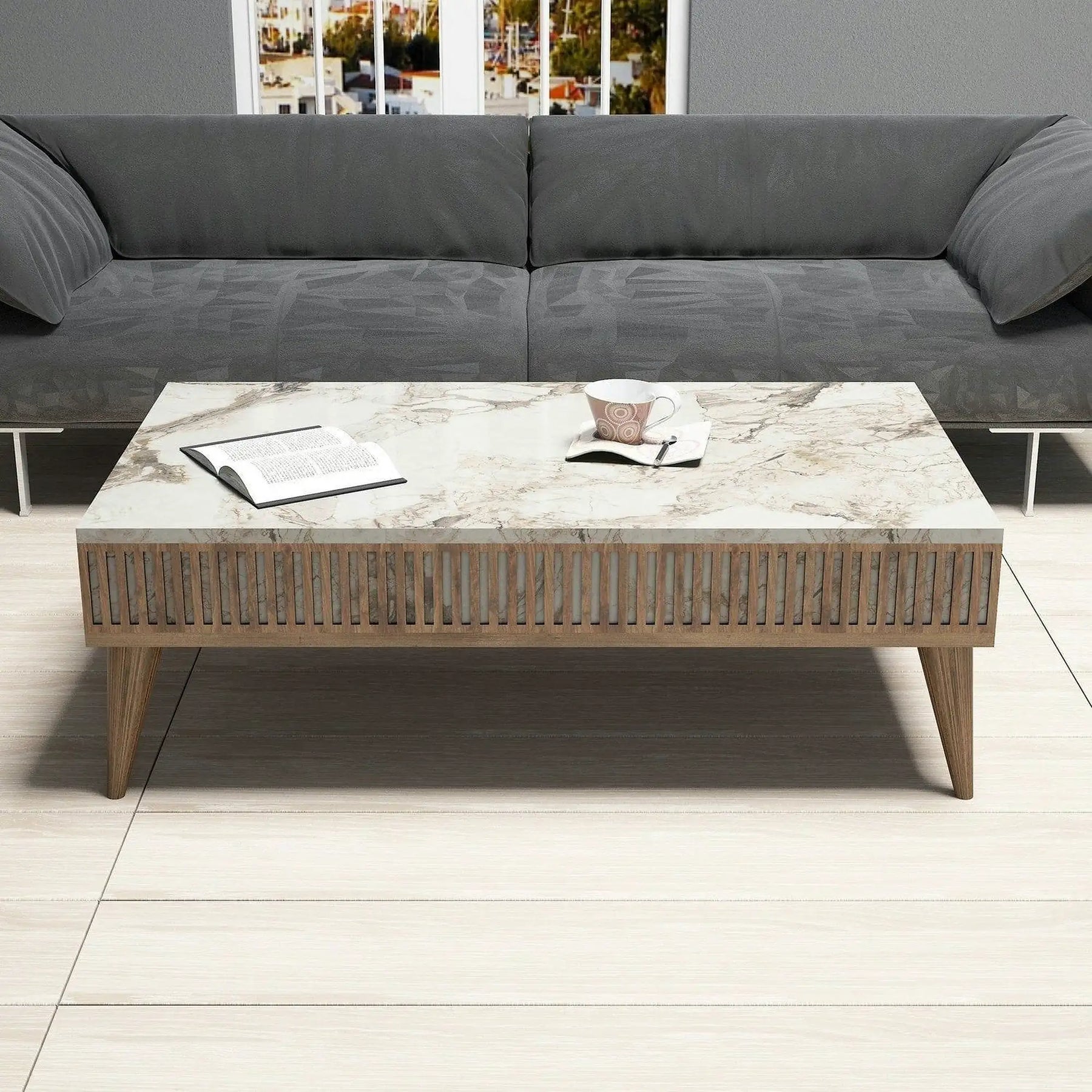 Mobilier living MILAN, PAL melaminat, alb cu efect de marmura/nuc