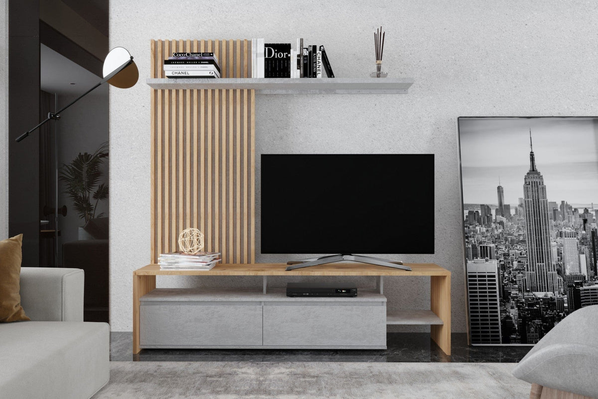 Mobilier living NEO II, stejar auriu/gri deschis, PAL, 190x40x200 cm