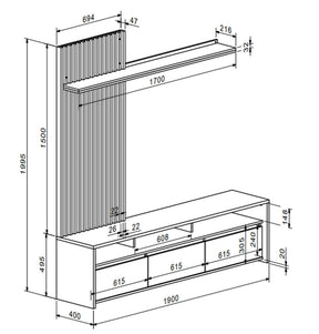 Mobilier living NEO, stejar auriu/gri deschis, PAL, 190x40x200 cm