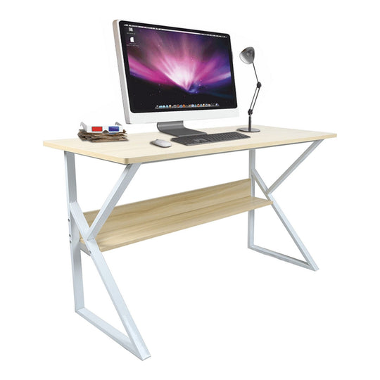 Masa birou TARCAL, cu raft laminat/metal, stejar natural/alb, 100x72x60 cm