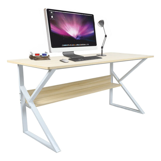 Masa birou TARCAL, cu raft laminat/metal, stejar natural/alb, 140x72x60 cm