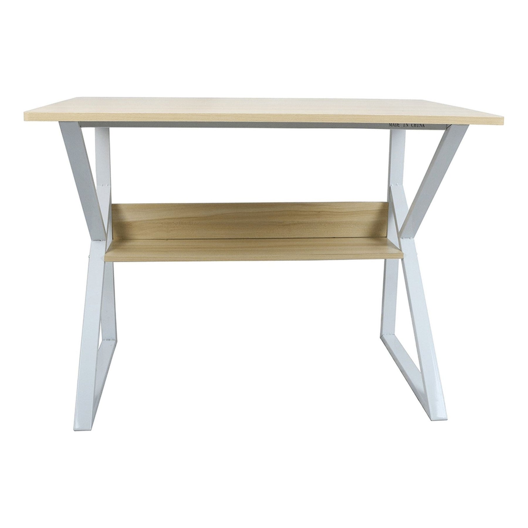 Masa birou TARCAL, cu raft laminat/metal, stejar natural/alb, 80x72x40 cm