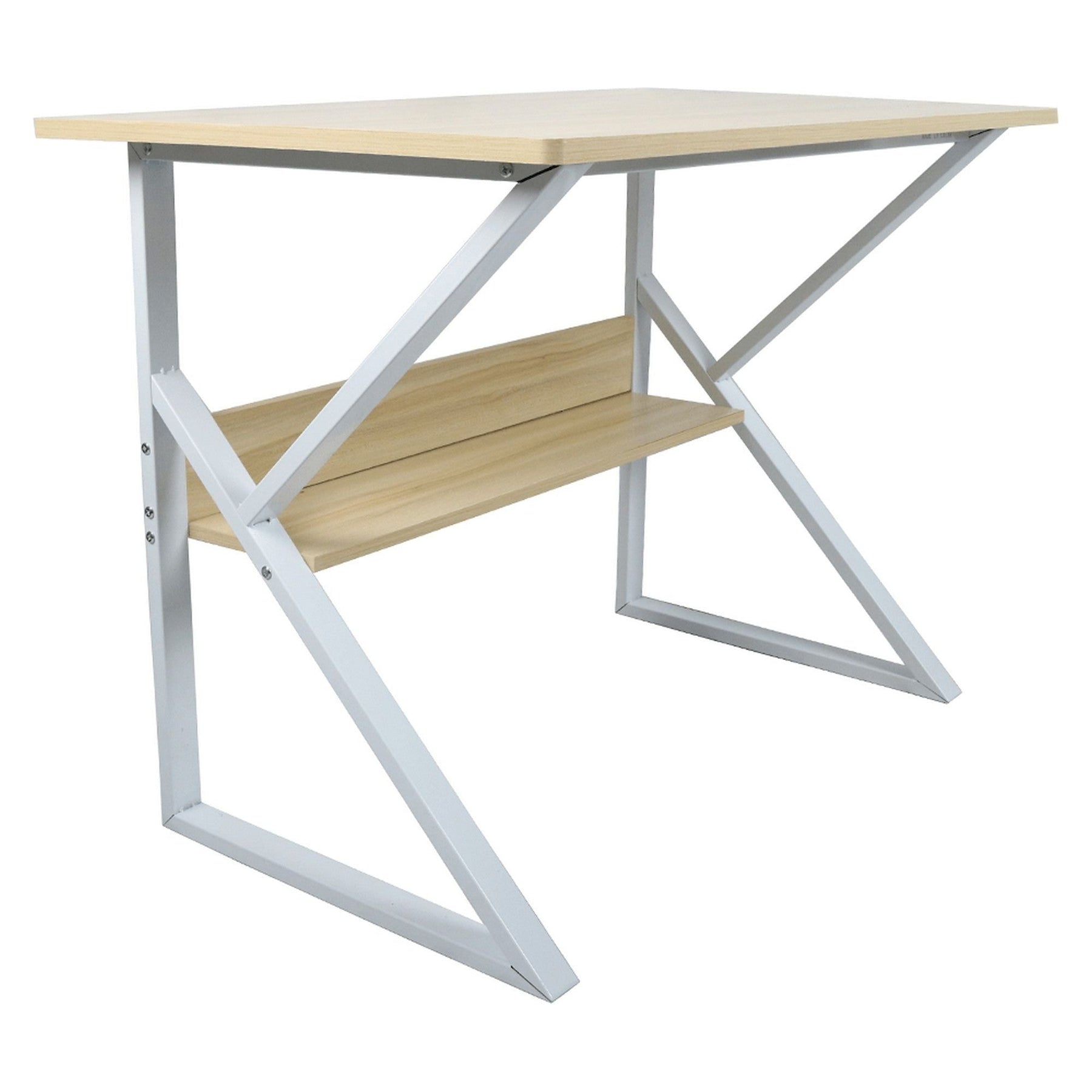 Masa birou TARCAL, cu raft laminat/metal, stejar natural/alb, 80x72x40 cm