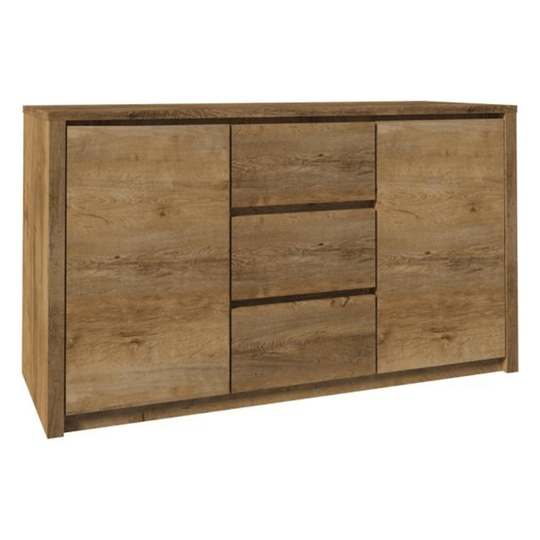 Comoda MONTANA K2DP, cu 2 usi si 3 sertare, stejar lefkas inchis, 140x80x43 cm