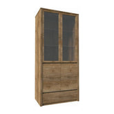 Vitrină cu un sertar şi uşi împărţite pline şi cu sticlă, stejar lefkas închis, MONTANA W2D