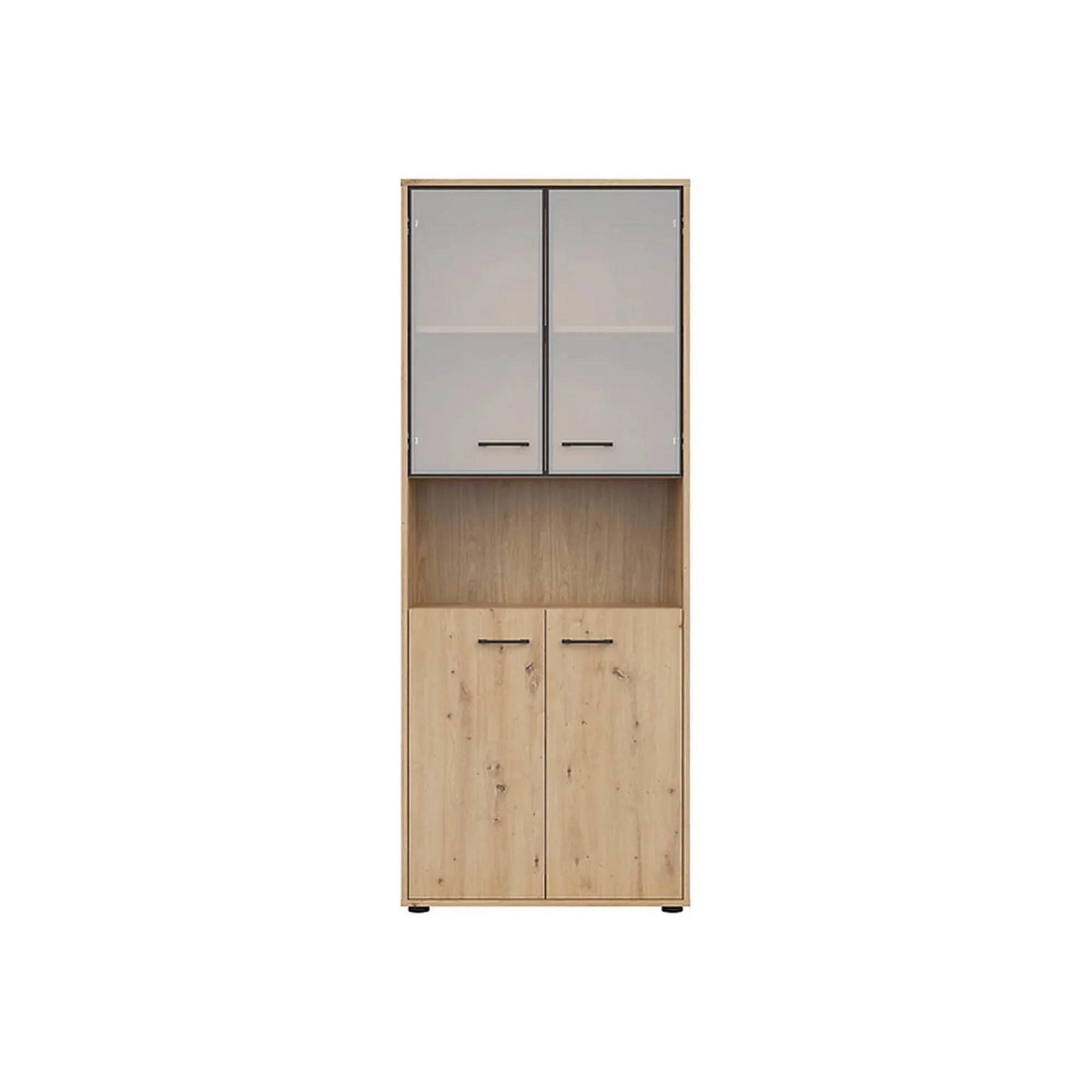 Vitrina SPACE OFFICE, stejar artisan/negru fumuriu, PAL laminat/sticla, cu 4 usi, 80x38x203 cm