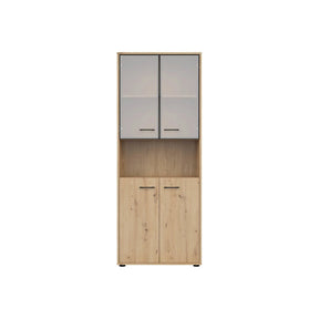 Vitrina SPACE OFFICE, stejar artisan/negru fumuriu, PAL laminat/sticla, cu 4 usi, 80x38x203 cm