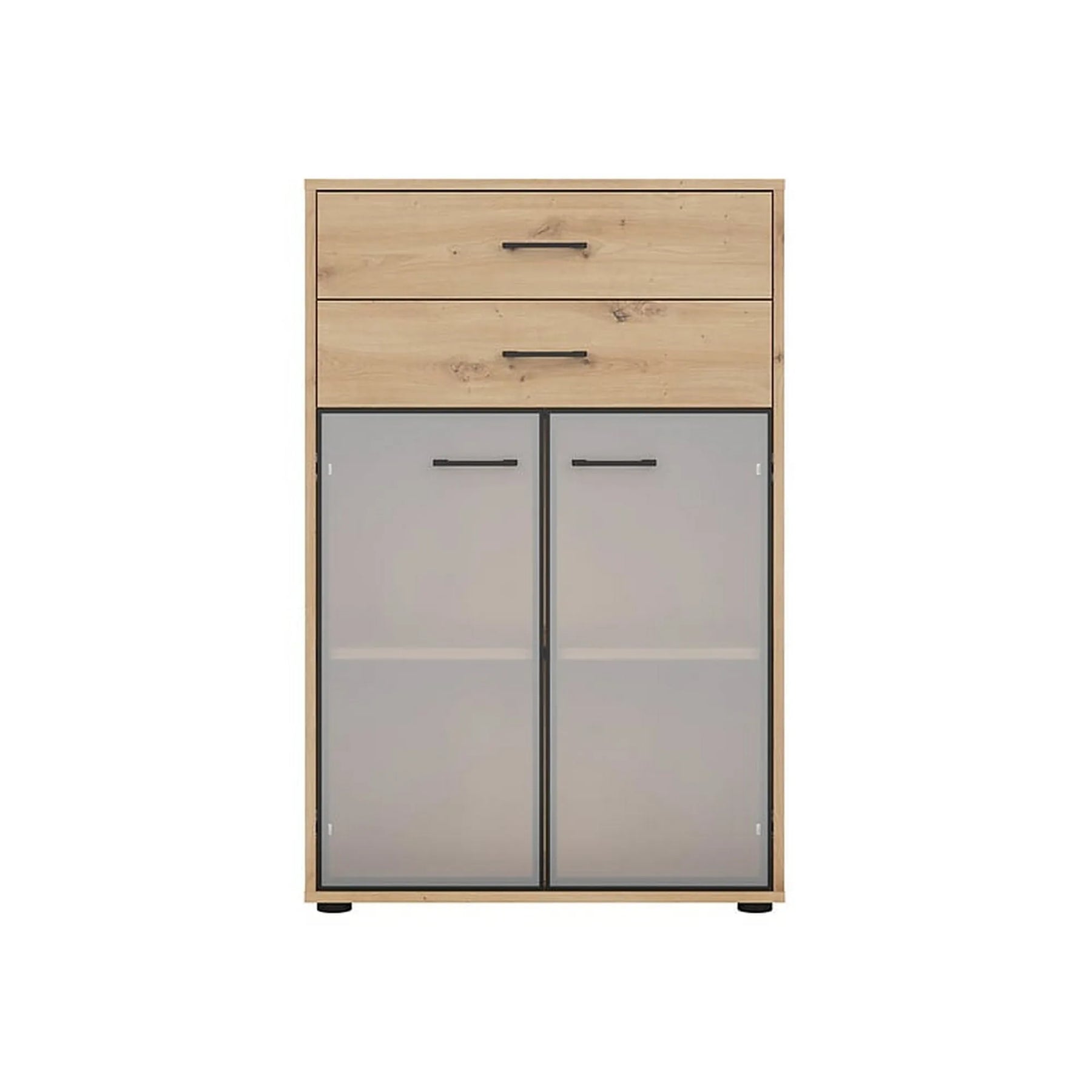 Vitrina SPACE OFFICE, stejar artisan/negru fumuriu, PAL laminat/sticla, cu 2 usi si 2 sertare, 80x38x122 cm