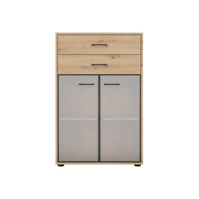Vitrina SPACE OFFICE, stejar artisan/negru fumuriu, PAL laminat/sticla, cu 2 usi si 2 sertare, 80x38x122 cm