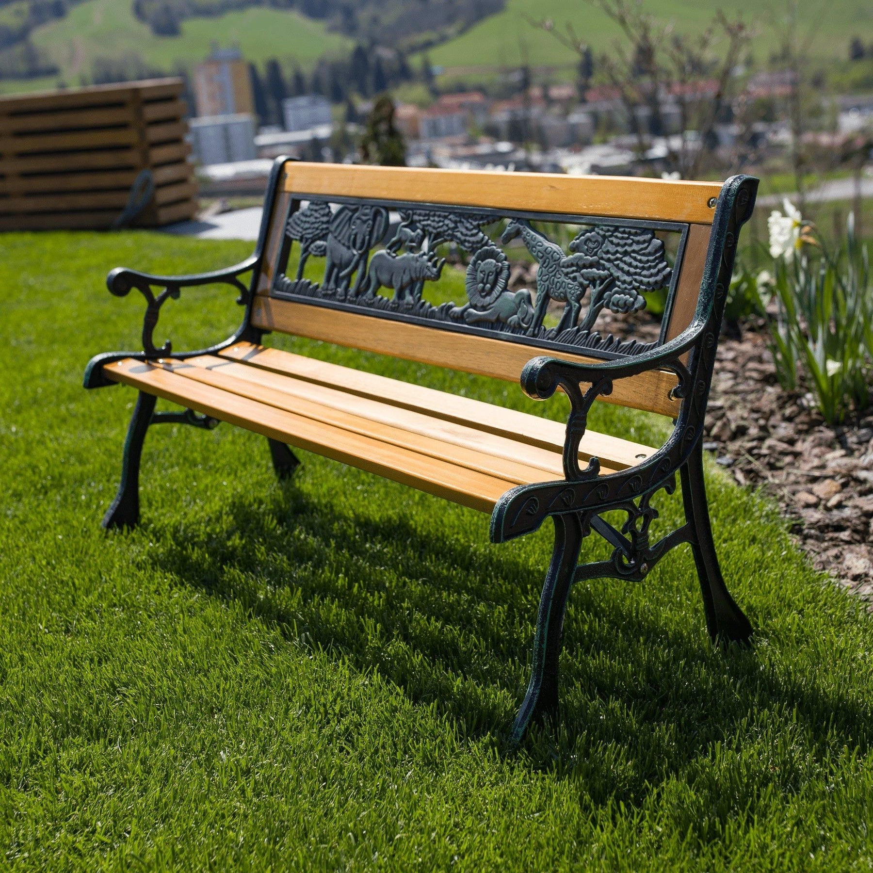 Banca gradina NADAZA, pentru copii, lemn/metal, negru/natural, 82x40x48 cm