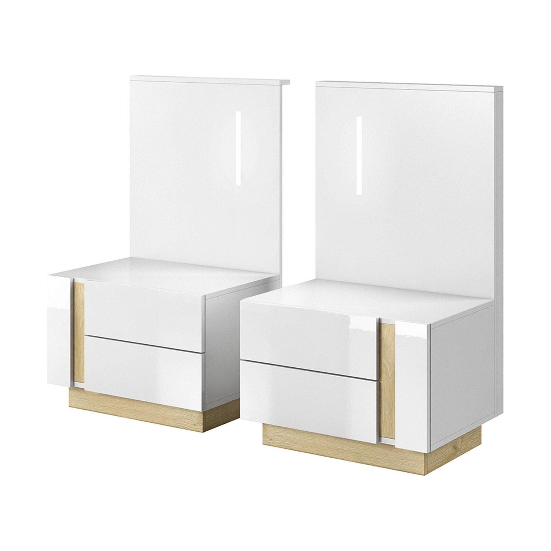 Noptiere CITY, PAL laminat, alb/stejar grandson/luciu alb, 60x46x104,5 cm, cu iluminare LED, 2 sertare