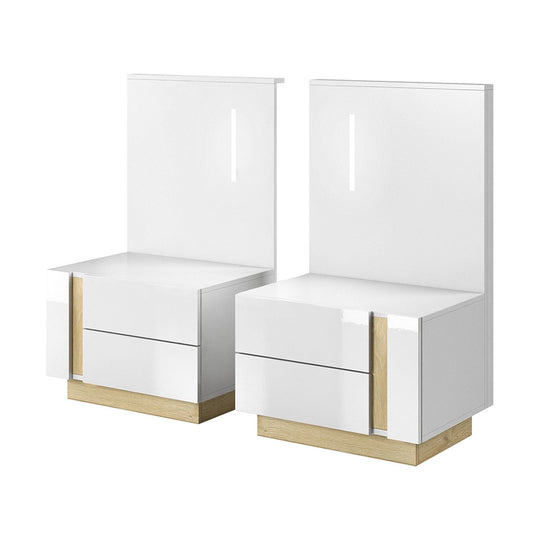 Noptiere CITY, PAL laminat, alb/stejar grandson/luciu alb, 60x46x104,5 cm, cu iluminare LED, 2 sertare