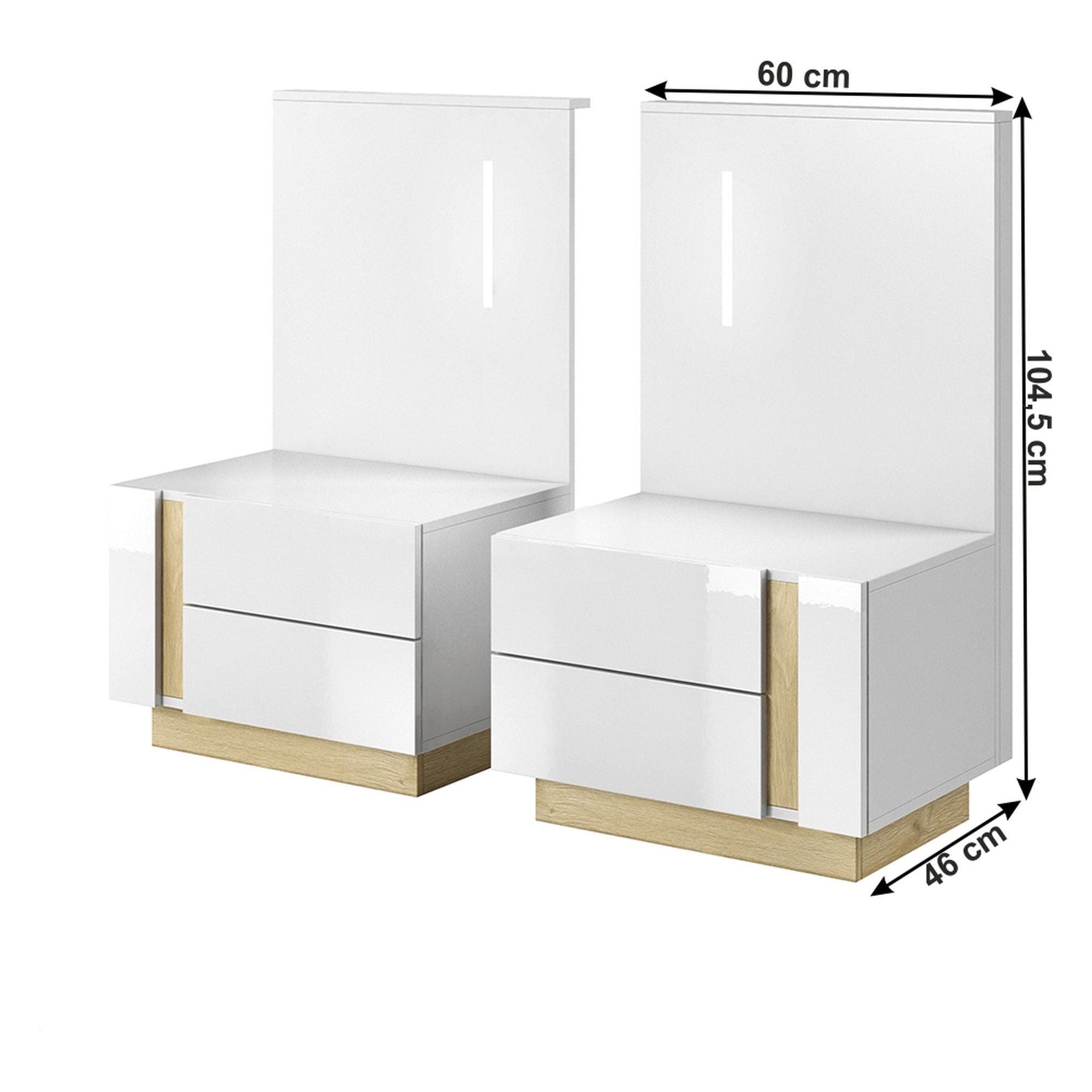 Noptiere CITY, PAL laminat, alb/stejar grandson/luciu alb, 60x46x104,5 cm, cu iluminare LED, 2 sertare
