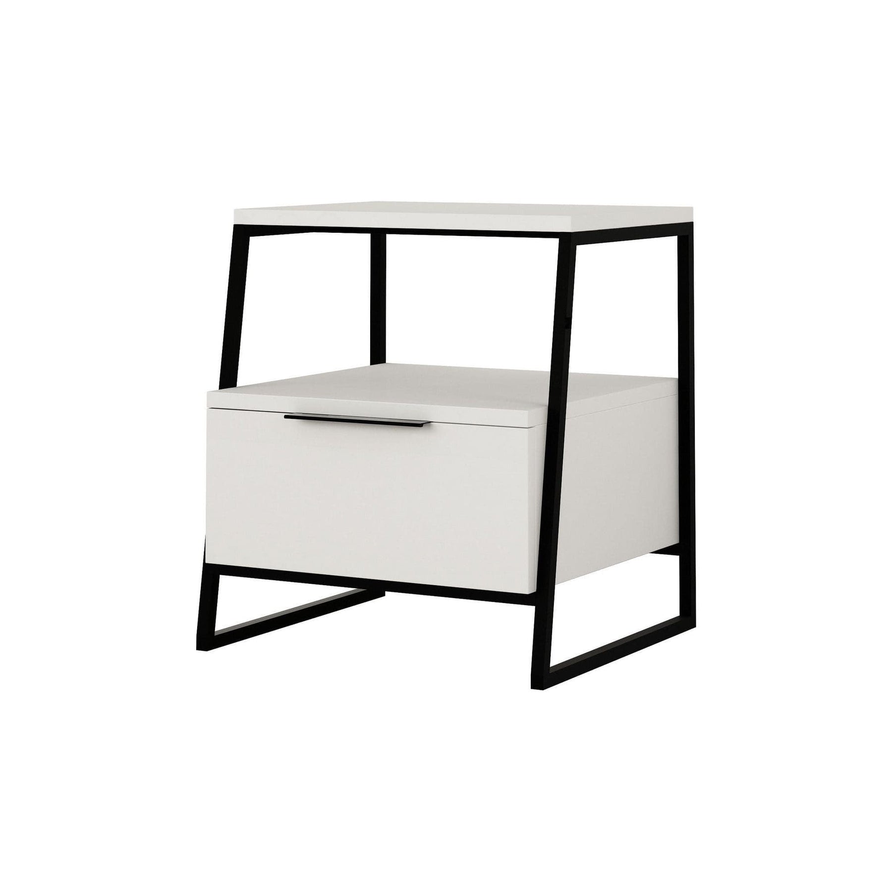 Noptieră albă cu structură neagră, modernă, ideală pentru dormitor – primabucata