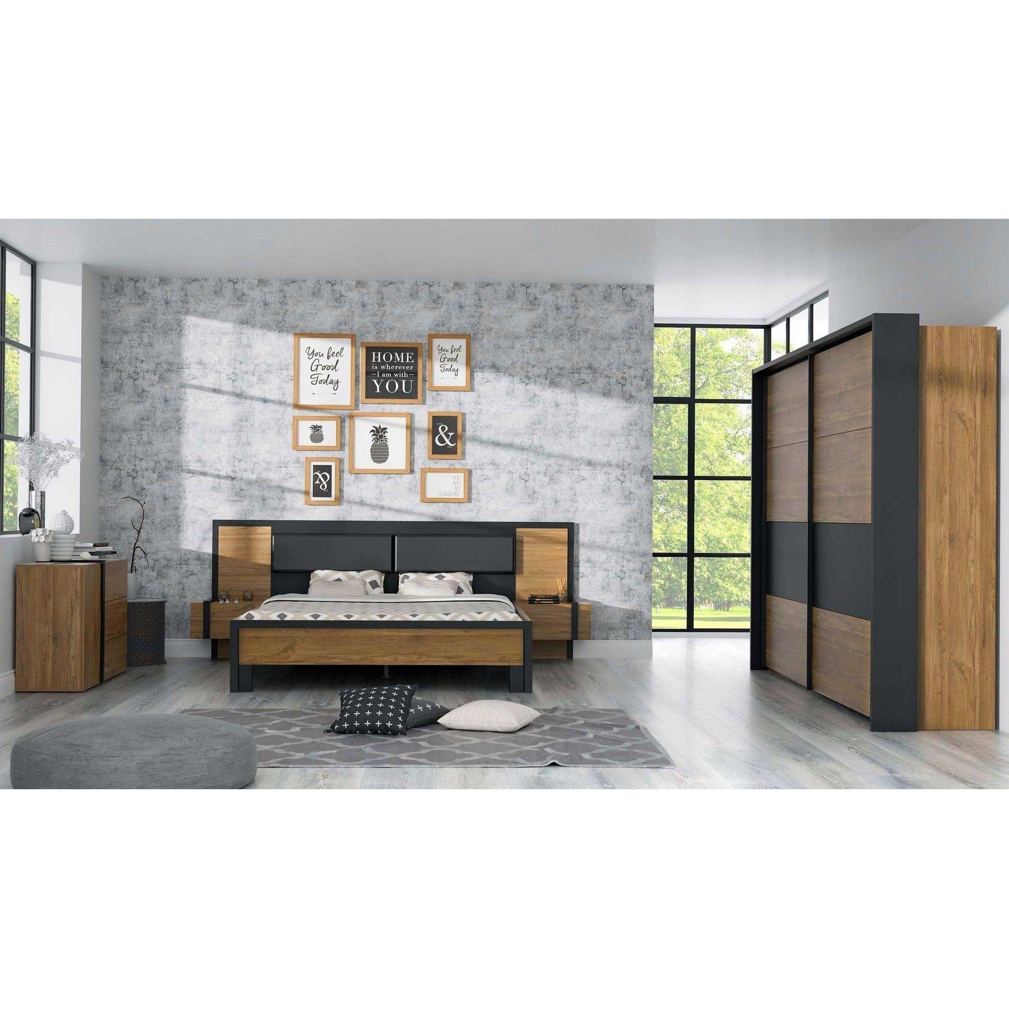 Cadru pat Acazio 160x200, stejar inchis/negru, PAL/metal, cu noptiere