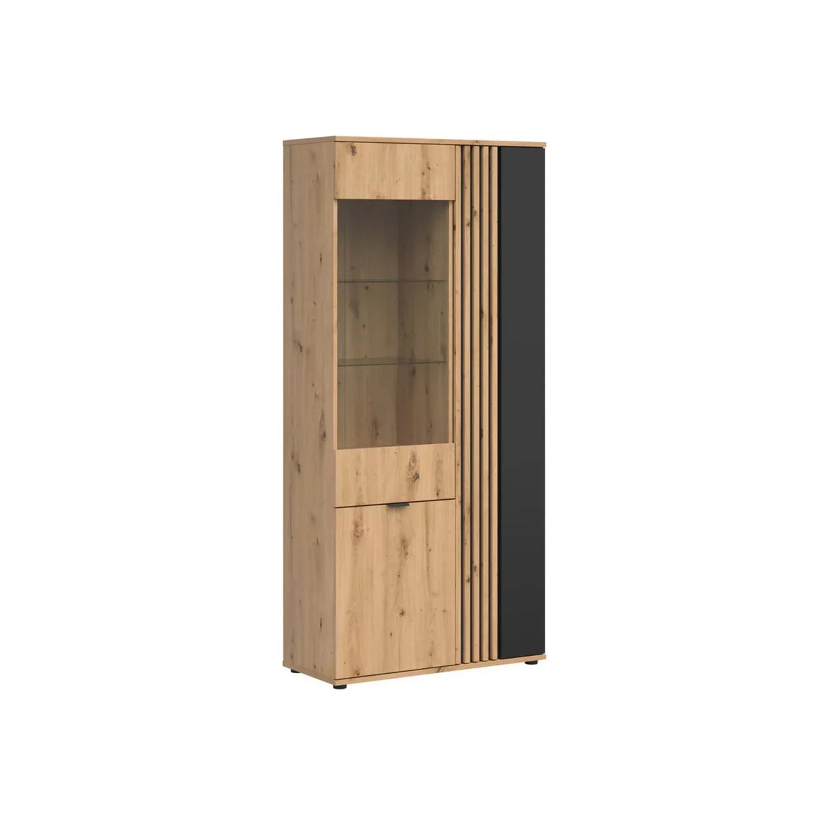 Vitrina VABRES, stejar artisan/negru mat, PAL laminat/sticla, 91x40x196 cm