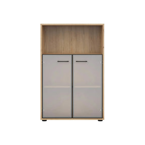 Vitrina SPACE OFFICE, stejar artisan/negru fumuriu, PAL laminat/sticla, cu 2 usi, 80x38x122 cm