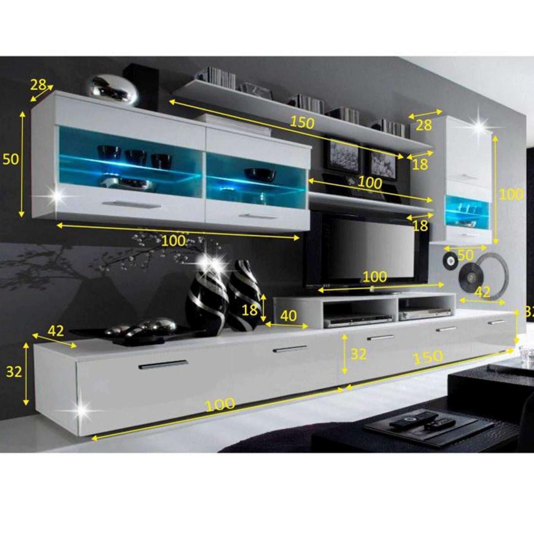 Set living LEO, alb, PAL melaminat, cu iluminare led