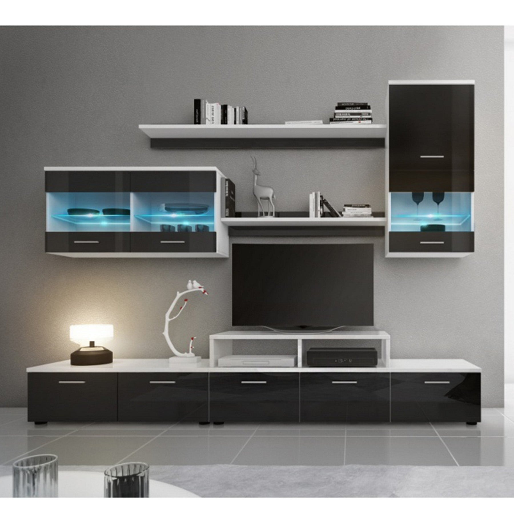 Set living LEO, alb/negru lucios, PAL melaminat