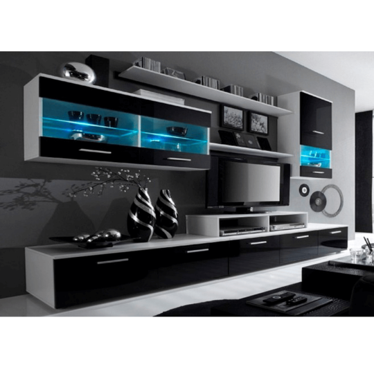 Set living LEO, alb/negru lucios, PAL melaminat