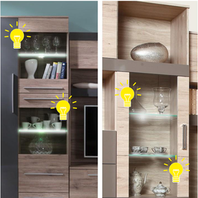 Mobilă de living, cu iluminare LED, PAL, stejar deschis/stejar închis, KORINA