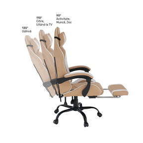 Scaun gaming OZGE 2 NEW, alb/bej, piele ecologica/metal, 64x60x126/136 cm