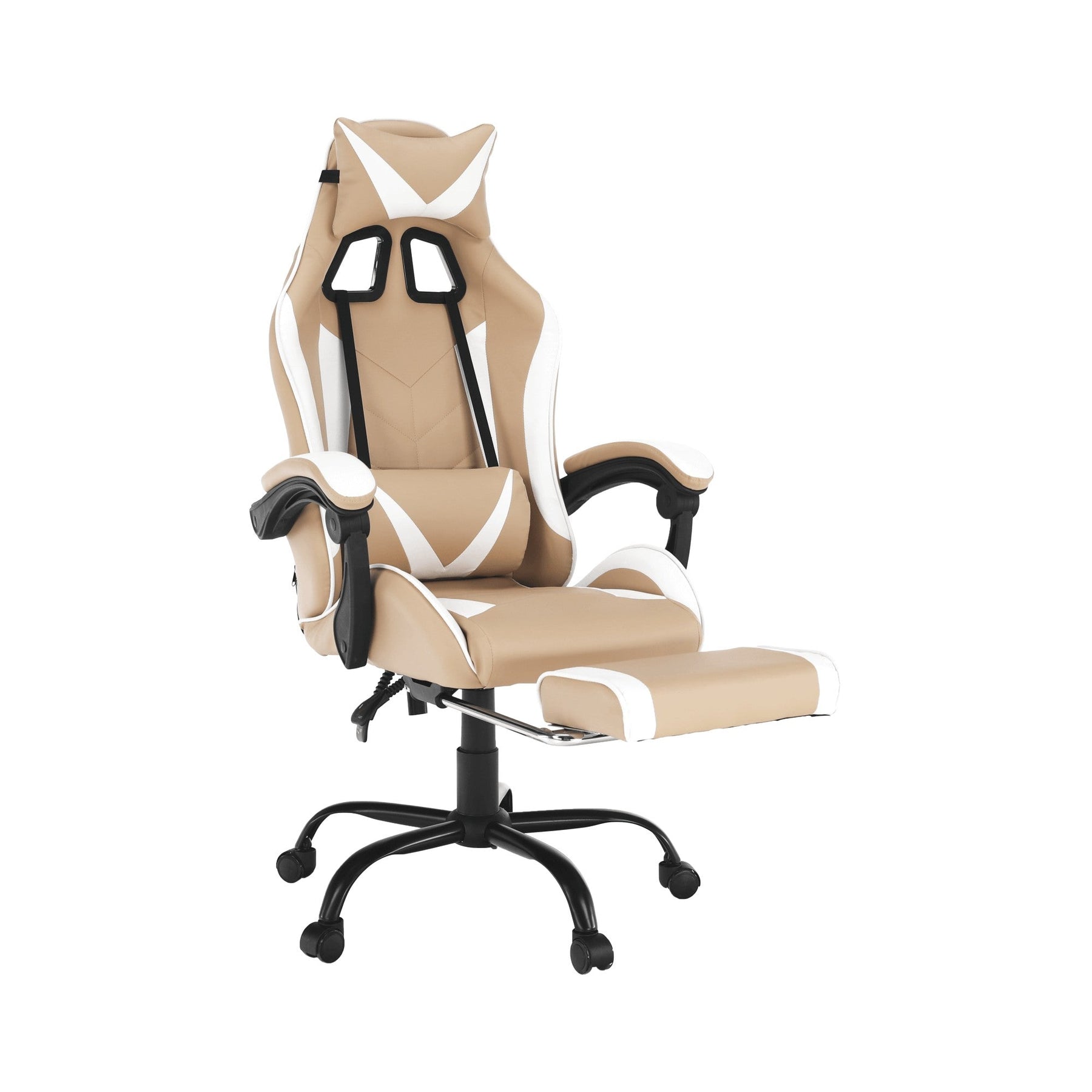 Scaun gaming OZGE 2 NEW, alb/bej, piele ecologica/metal, 64x60x126/136 cm