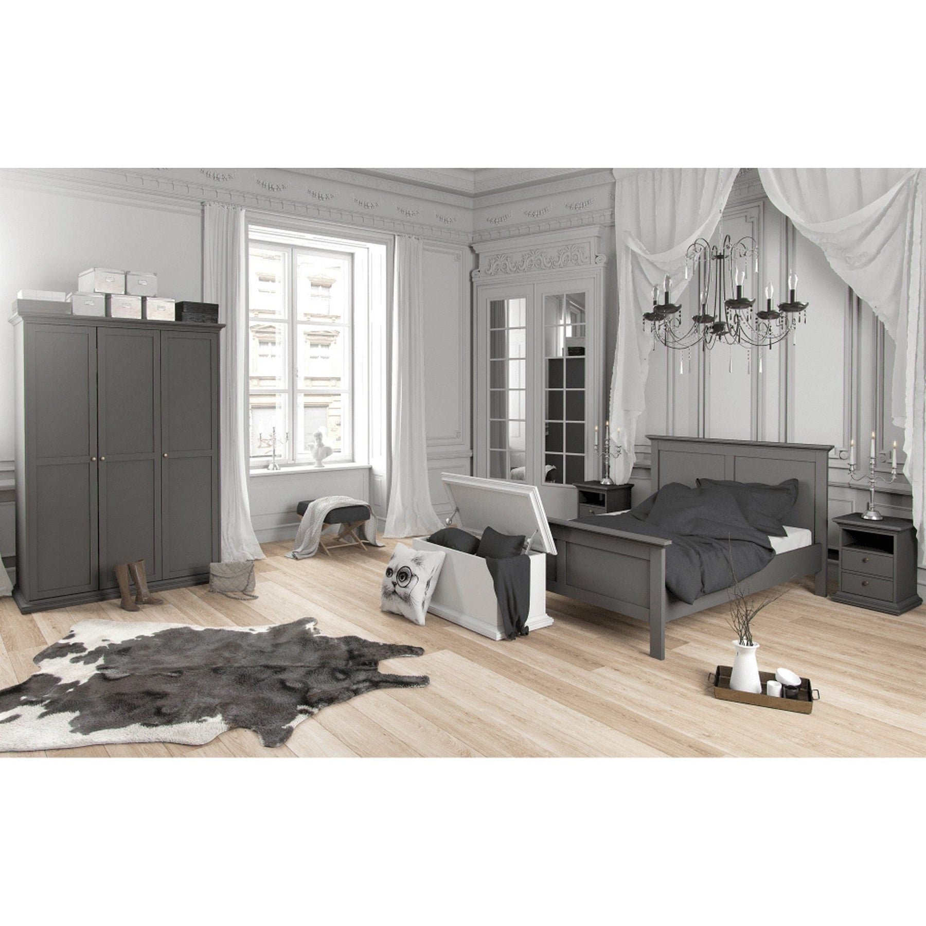 Pat dormitor PARIS, PAL laminat lacuit, gri, 180x200, fara somiera si saltea