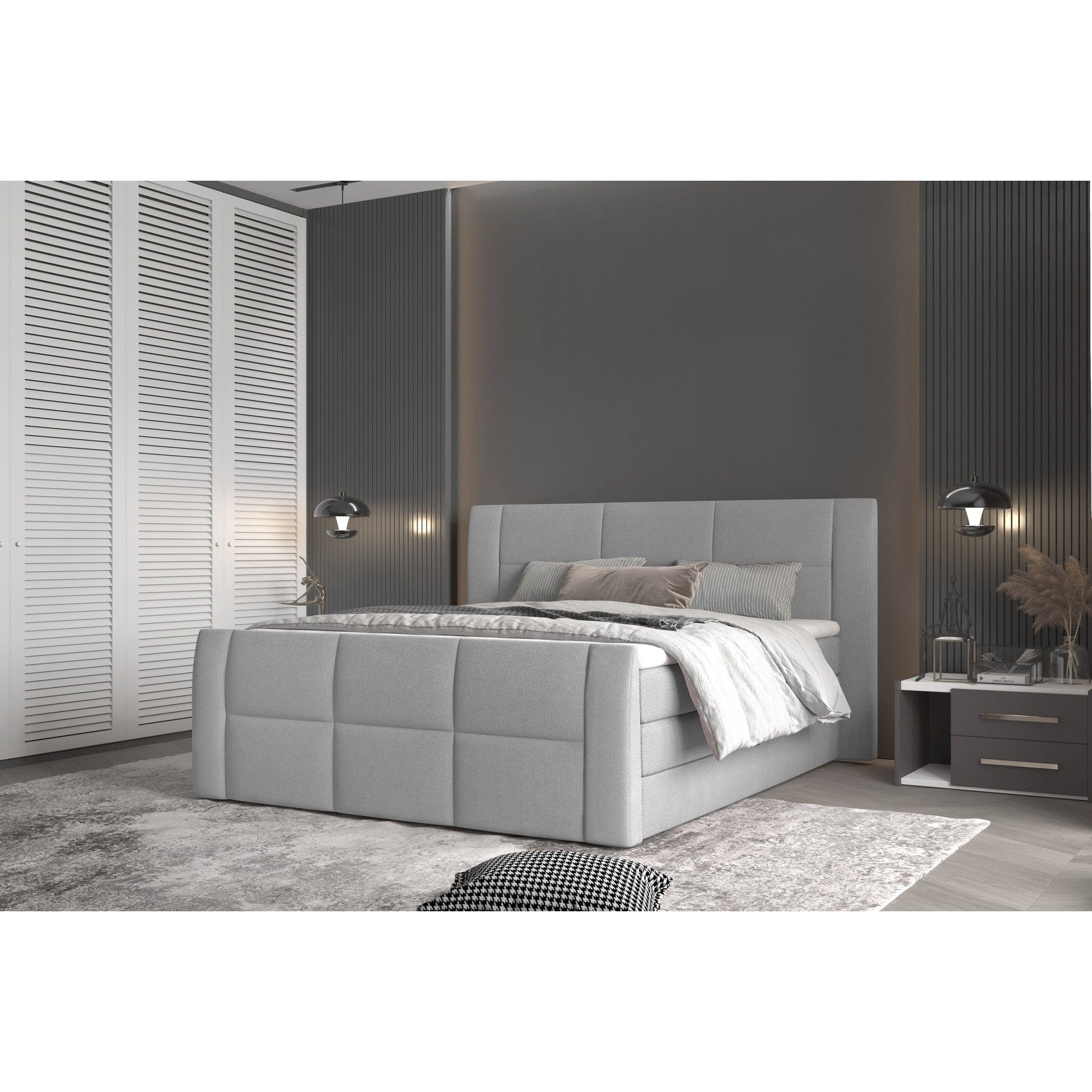 Pat boxspring STELLA 180x200, personalizabil materiale Gama Premium, cu lada depozitare, saltele si topper