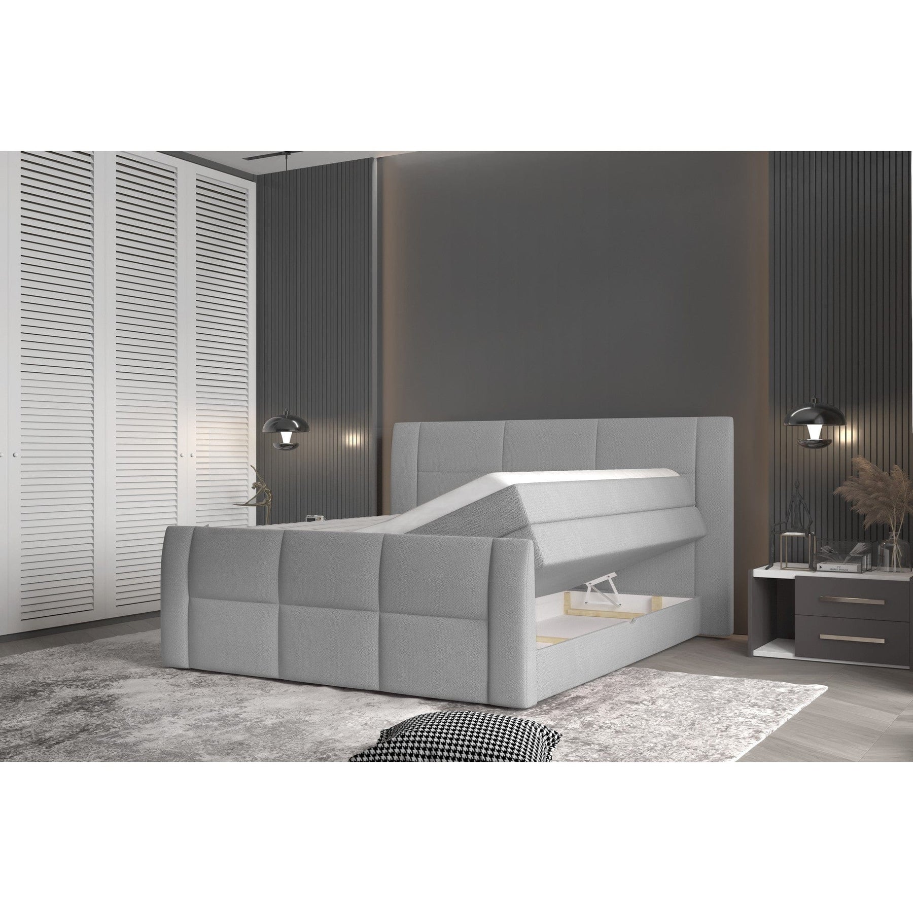 Pat boxspring STELLA 180x200, personalizabil materiale Gama Premium, cu lada depozitare, saltele si topper